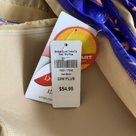 NWT LL Bean Womens 22W Plus Cobalt Blue Tankini Swim Top Coral Floral Padded - Picture 6 of 9